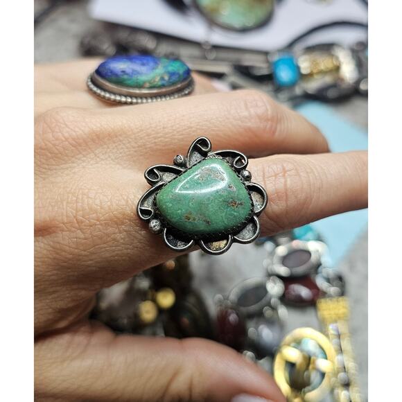 Vintage Navajo Sterling Turquoise Statement Ring Green Matrix - Picture 4 of 6